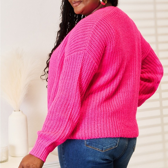 NEW Woven Right Hot Pink Ribbed Knit Open Front Drop Shoulder Cardigan Sweater - Picture 5 of 12